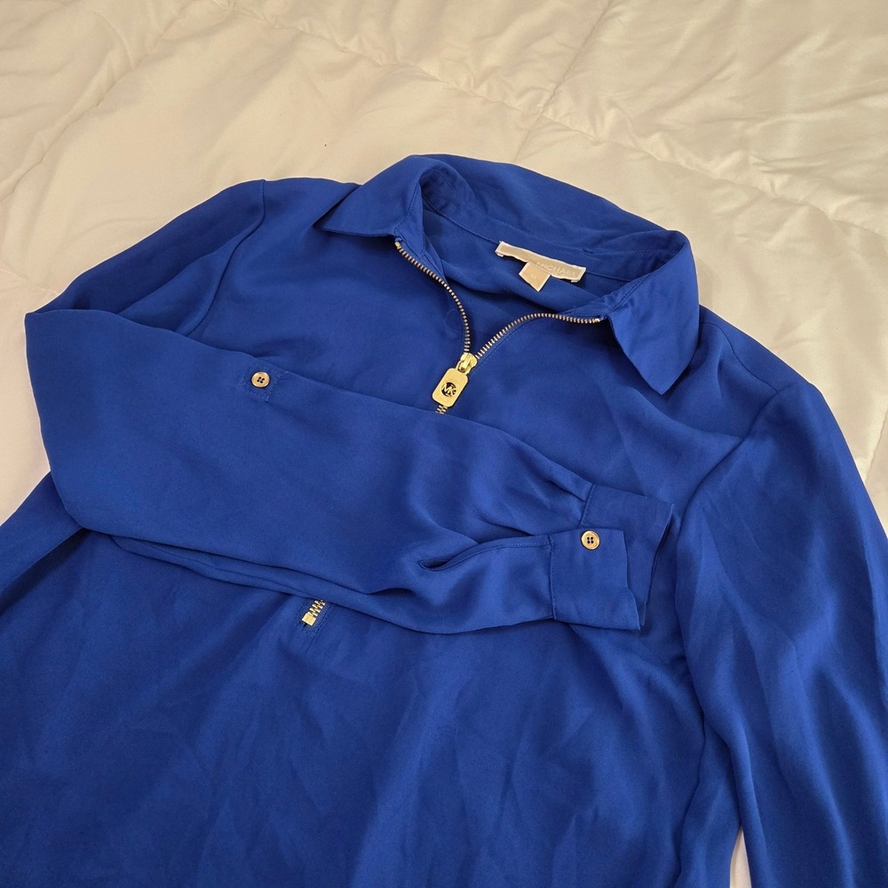 Michael Michael Kors Royal Blue Quarter Zip Roll Tab Sleeve Blouse Womens Medium